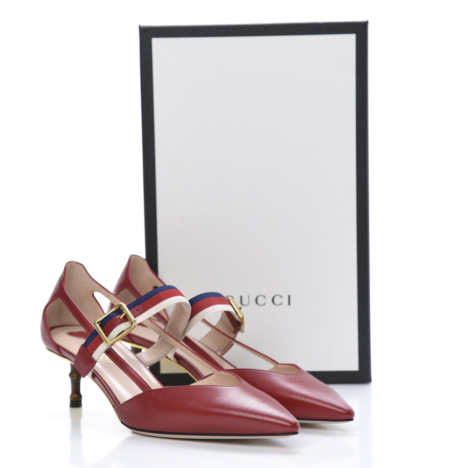 Gucci Malaga Kid Grosgrain Sylvie Web Bamboo Low Heel Pumps 39 Red 8 of 8