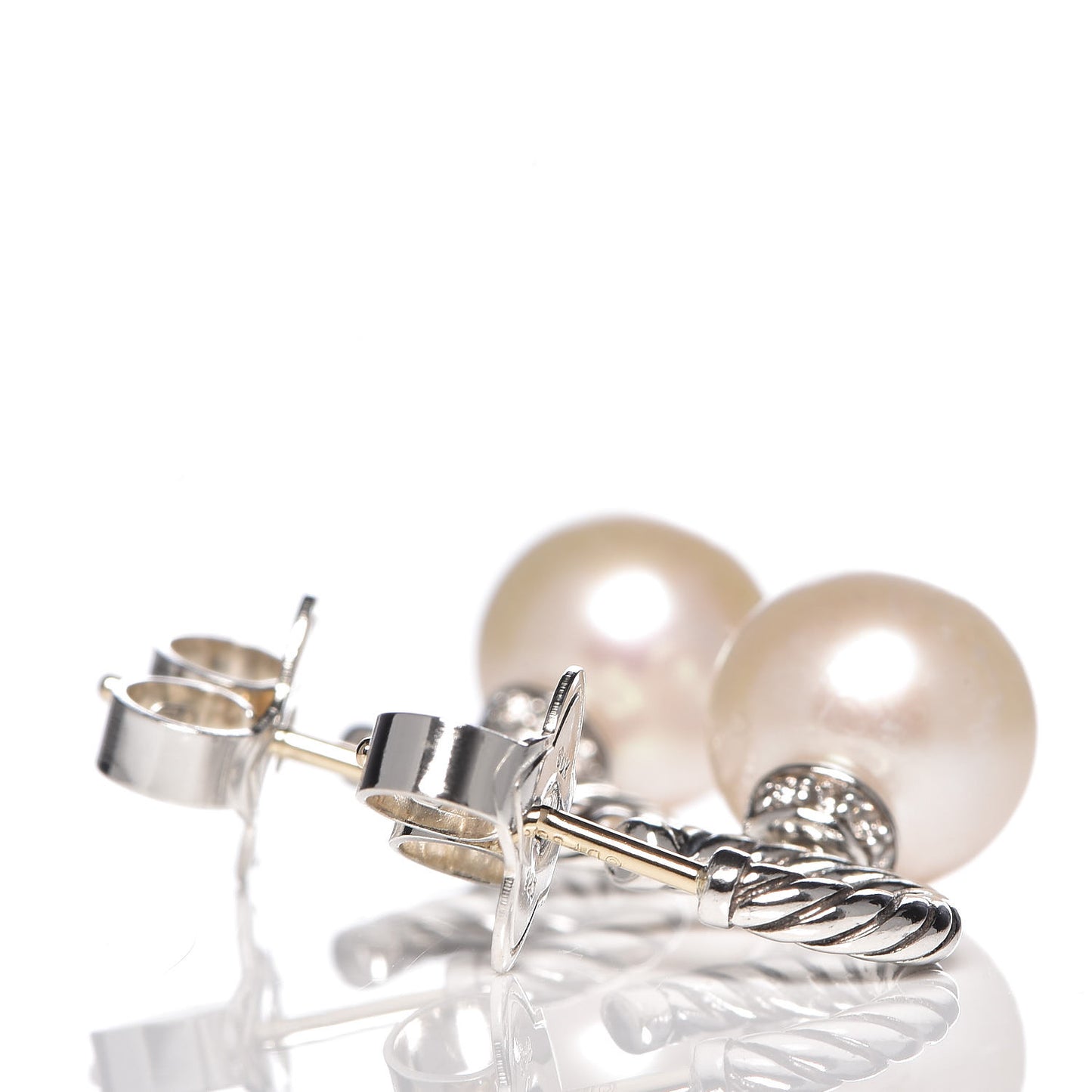 Sterling Silver 14K Yellow Gold Freshwater Pearl Diamond Cable Hoop Earrings