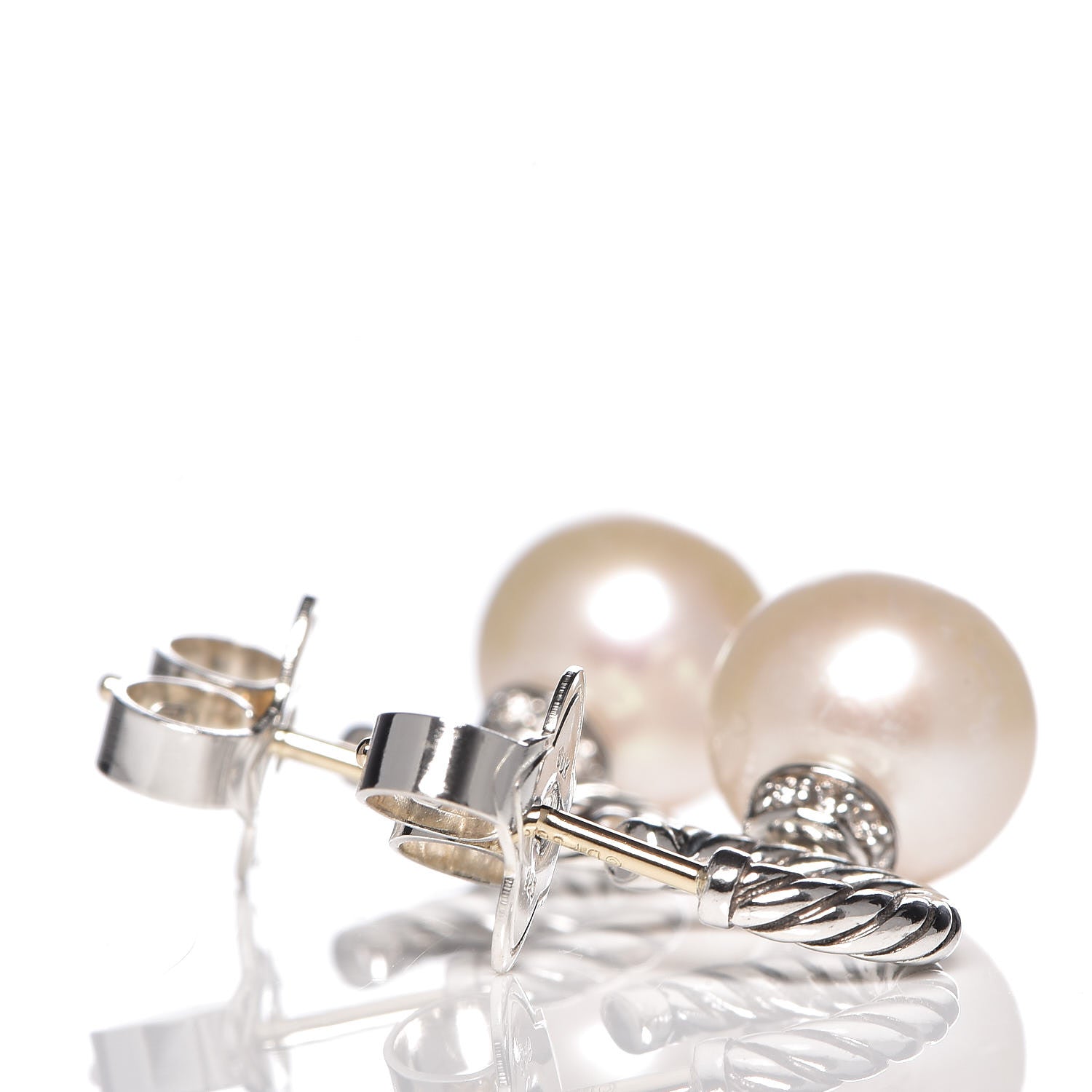 David Yurman Sterling Silver 14K Yellow Gold Freshwater Pearl Diamond Cable Hoop Earrings 3 of 4