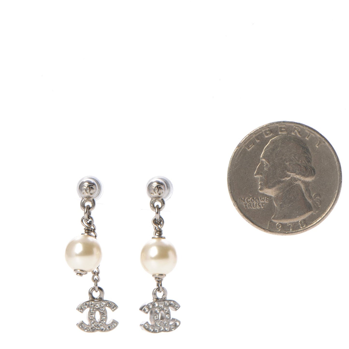 Crystal Pearl CC Drop Earrings Silver