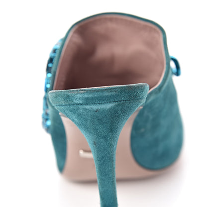 Gucci Suede Crystal Maxine Horsebit High Heel Slides 38 Dusty Turquoise 13 of 20