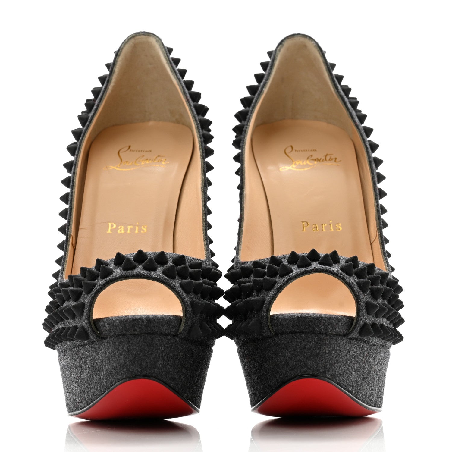 Christian Louboutin Floque Flannel Lady Peep Spikes VIP 150 Pumps 36.5 Grey Black 2 of 11