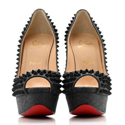 Christian Louboutin Floque Flannel Lady Peep Spikes VIP 150 Pumps 36.5 Grey Black 2 of 11