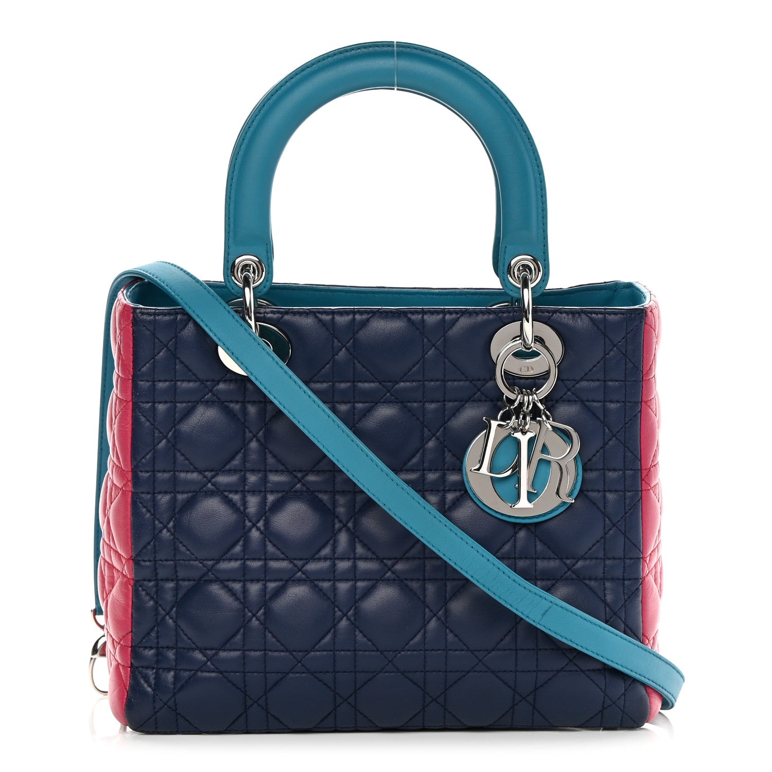 Christian Dior Lambskin Cannage Medium Tri-Color Lady Dior Sapphire Fuchsia Turquoise 1 of 14