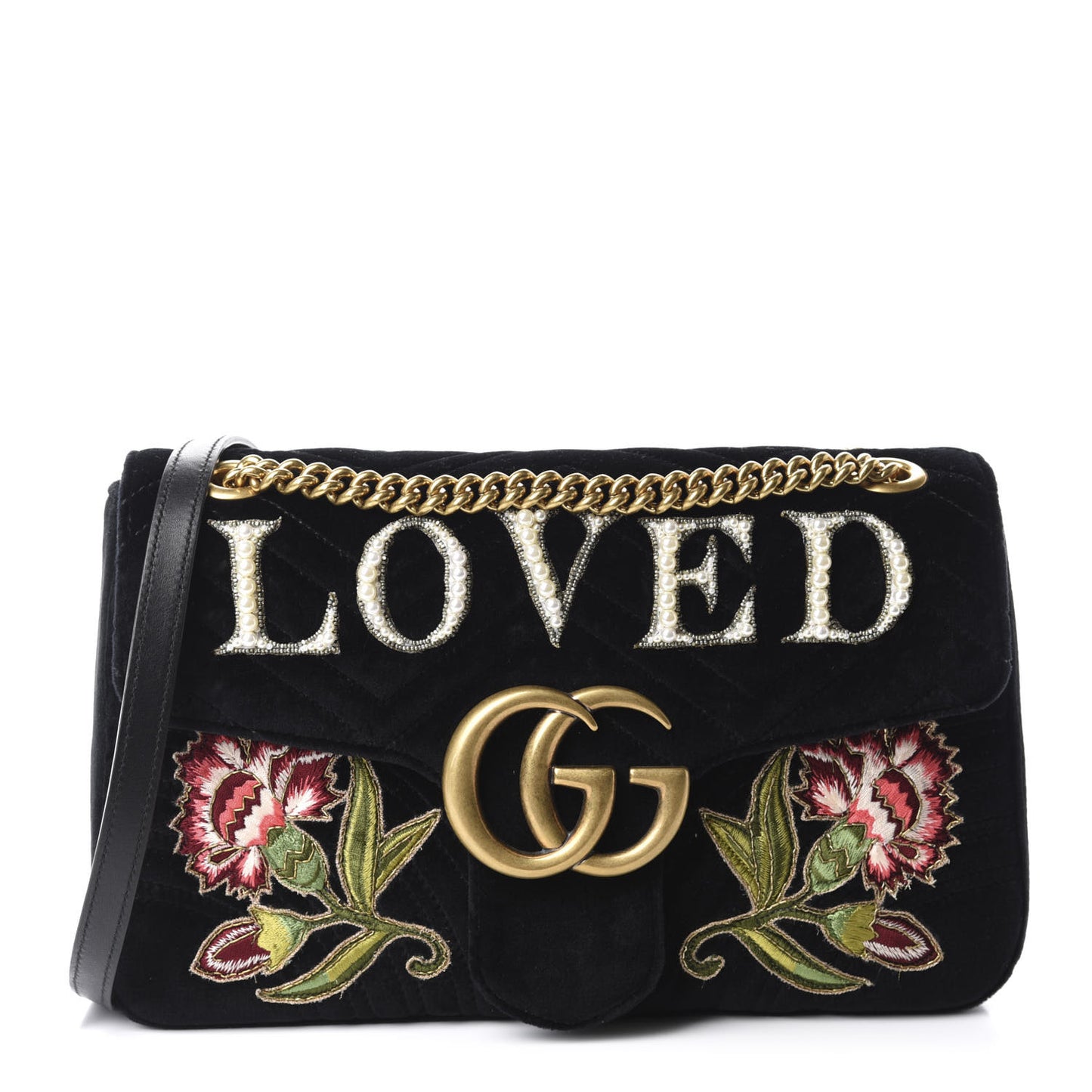 Velvet Matelasse Loved Embroidered Medium GG Marmont Shoulder Bag Black