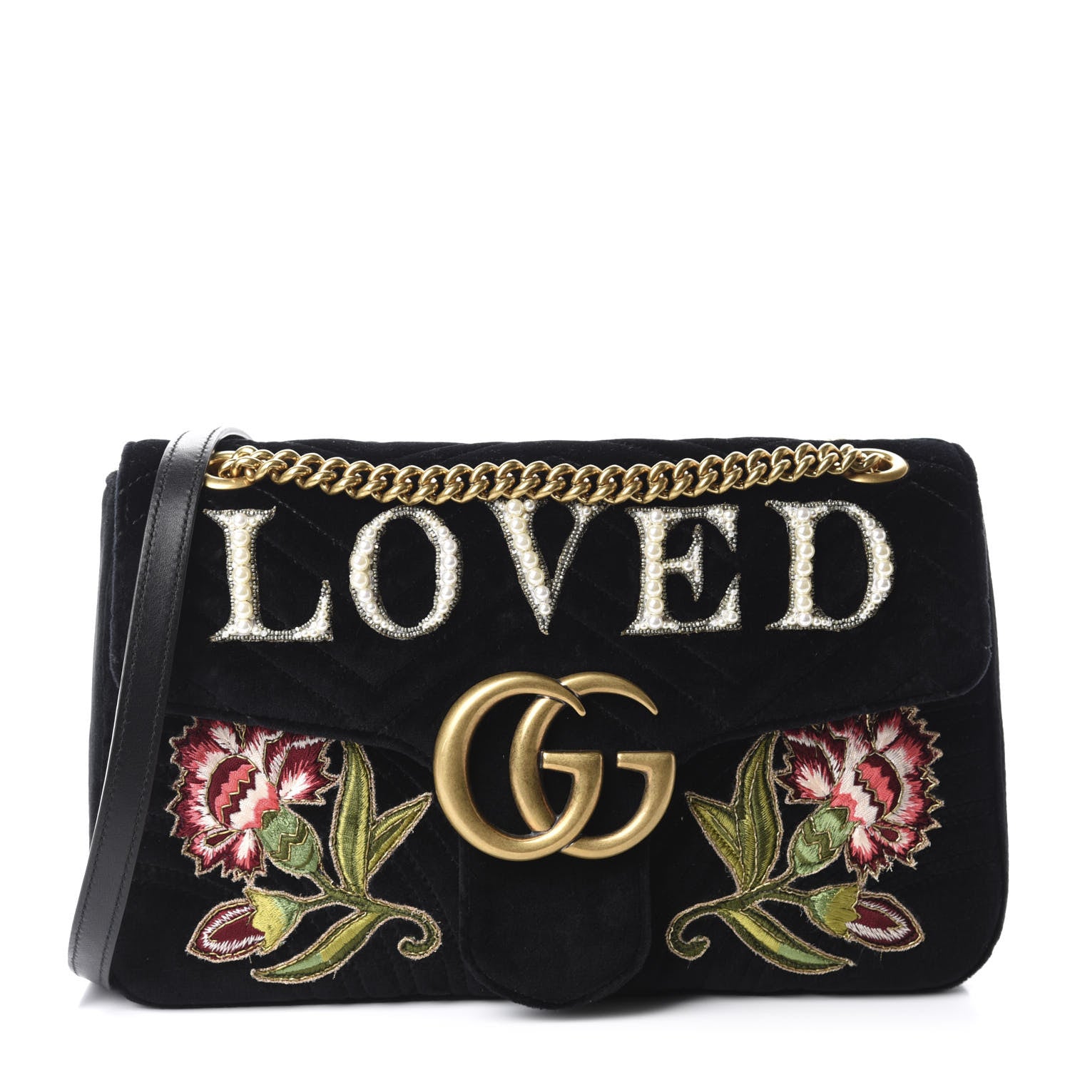 Gucci Velvet Matelasse Loved Embroidered Medium GG Marmont Shoulder Bag Black 1 of 10