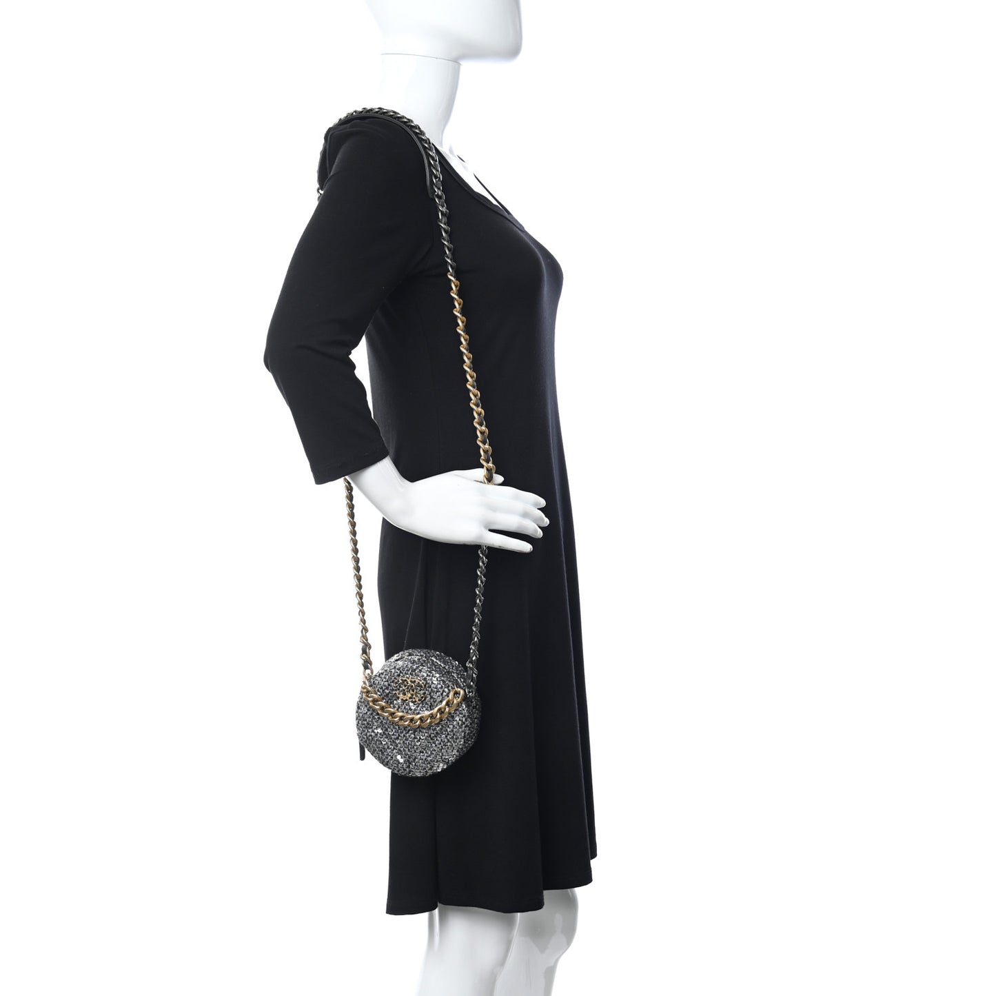 Sequin Chanel 19 Round Clutch With Chain Silver Black