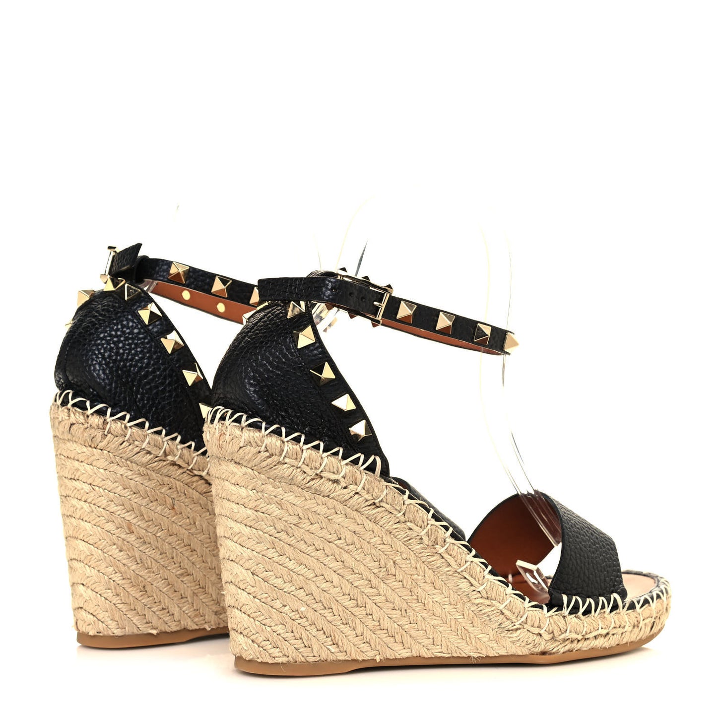 Grained Calfskin Rockstud Ankle Strap Espadrille 15/105mm Wedge Sandals 38 Black Light Cuir Natural