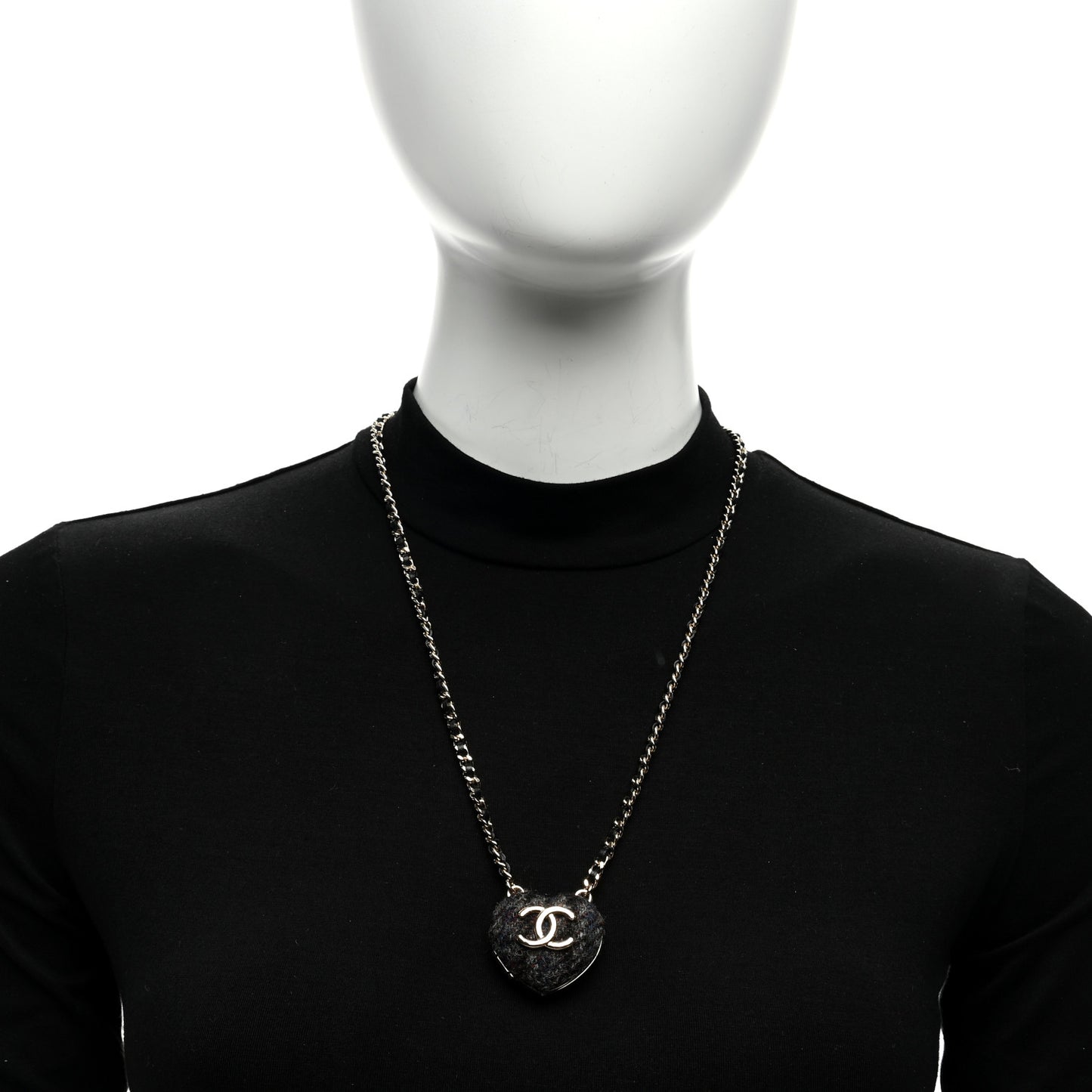Lambskin Tweed CC Locket Pendant Necklace Grey Blue Black Silver Gold