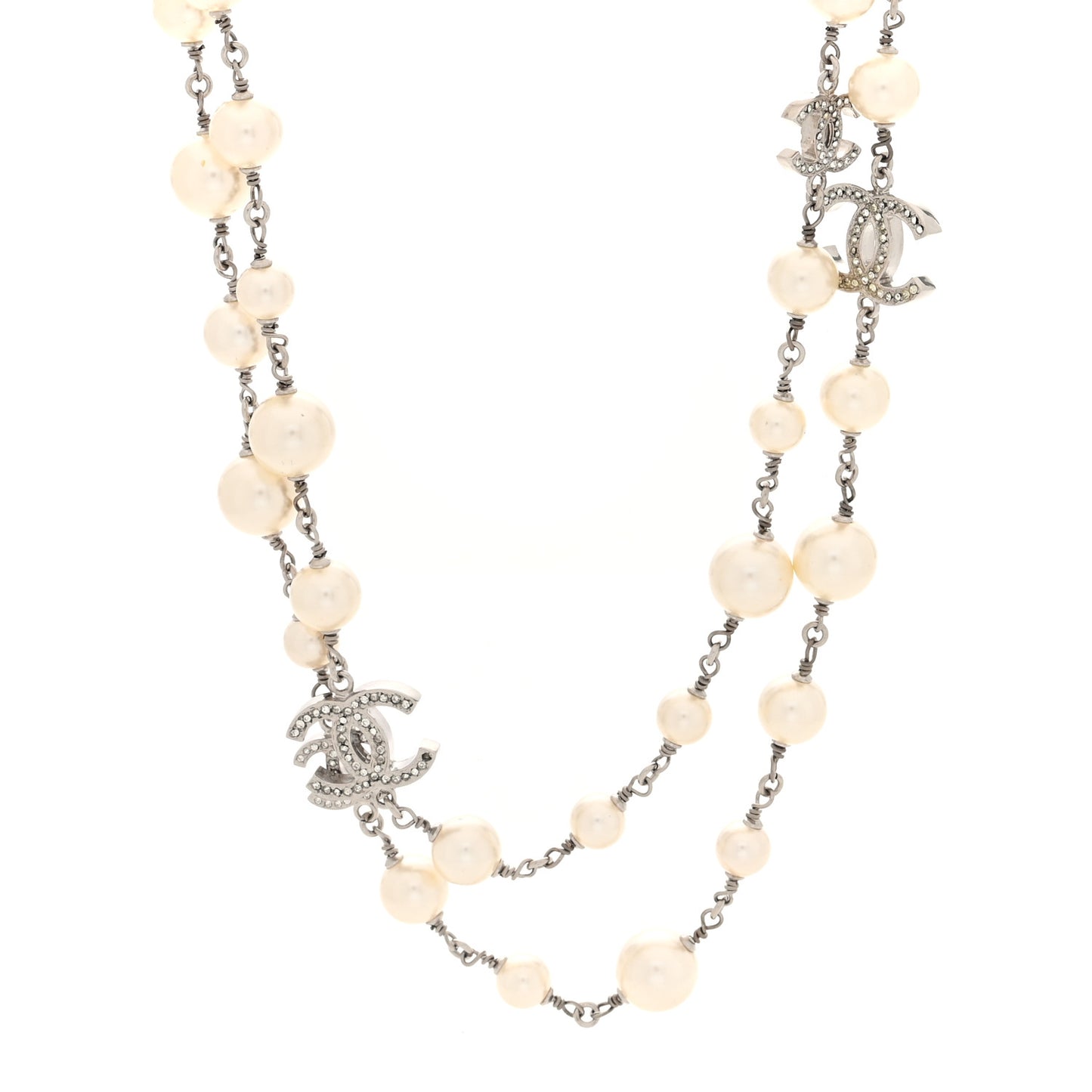 Crystal Pearl CC Long Necklace Silver