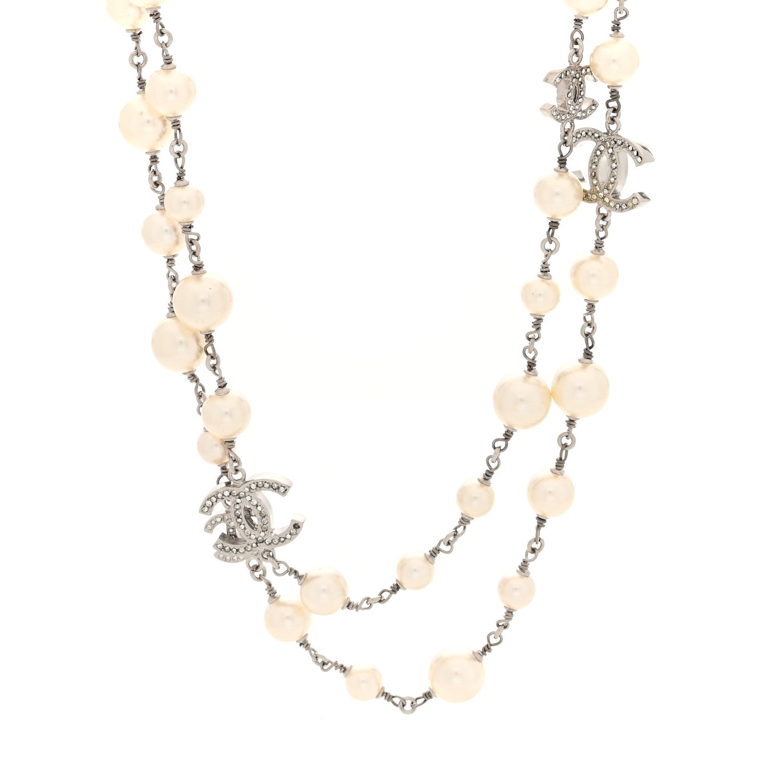 Chanel Crystal Pearl CC Long Necklace Silver 1 of 5