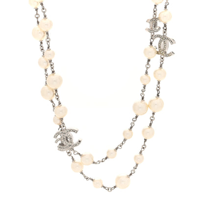 Chanel Crystal Pearl CC Long Necklace Silver 1 of 5