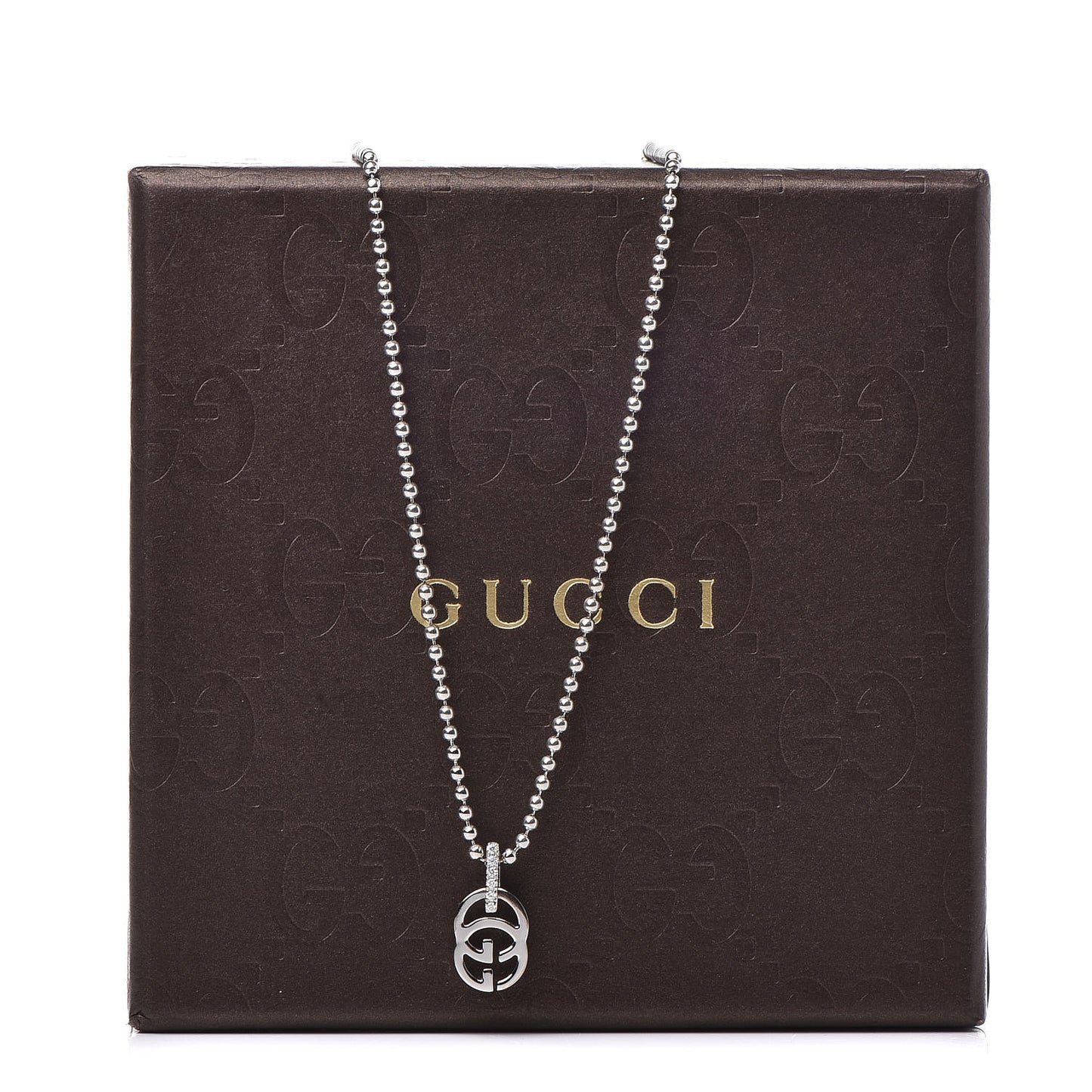 18K White Gold Diamond Running GG Pendant Necklace