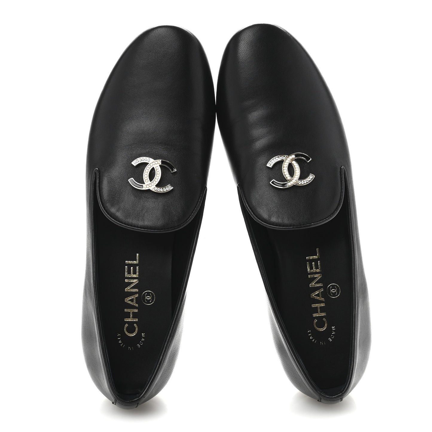 Enamel Pearl Crystal Lambskin Womens CC Mocassin Loafers 38 Black