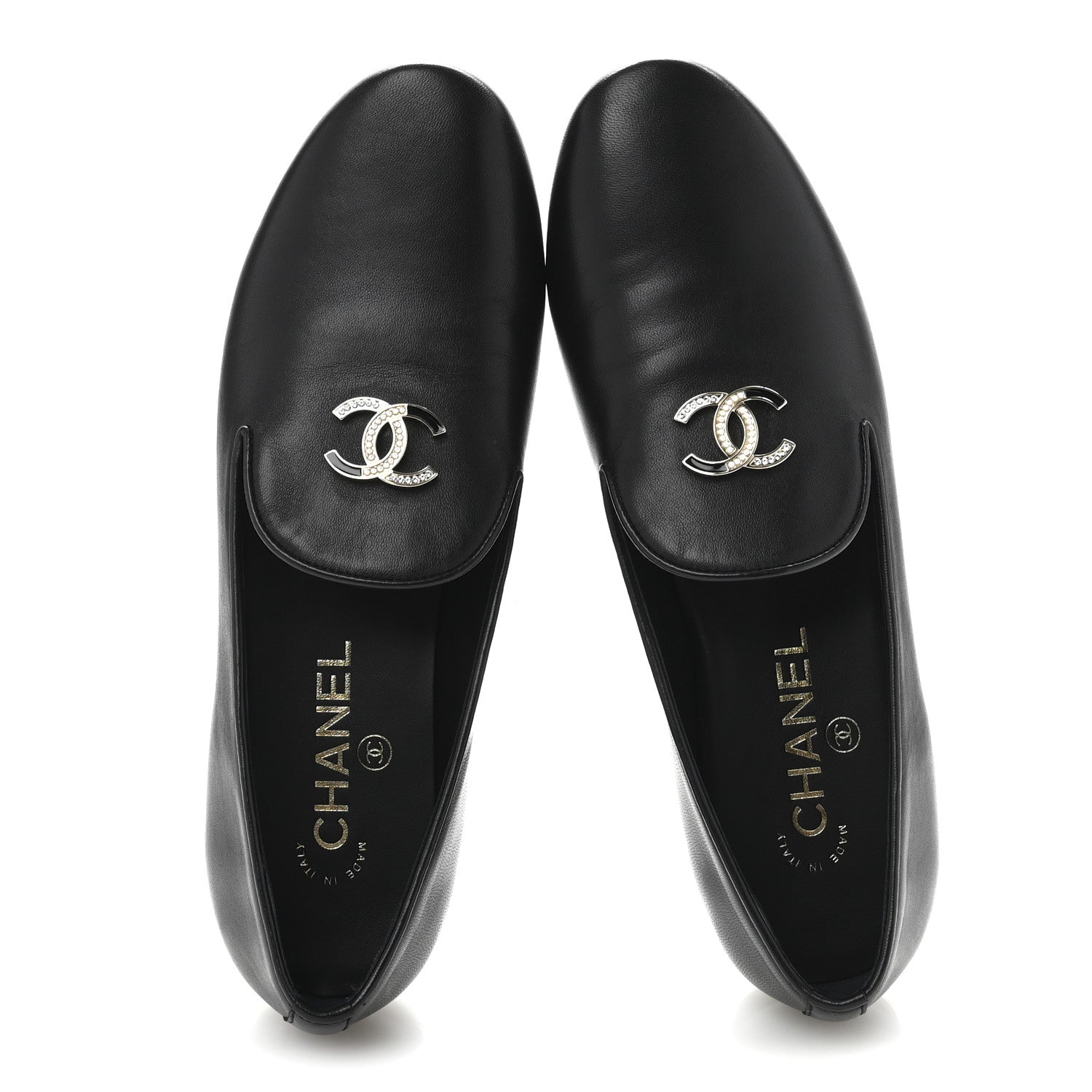 Chanel Enamel Pearl Crystal Lambskin Womens CC Mocassin Loafers 38 Black 2 of 10