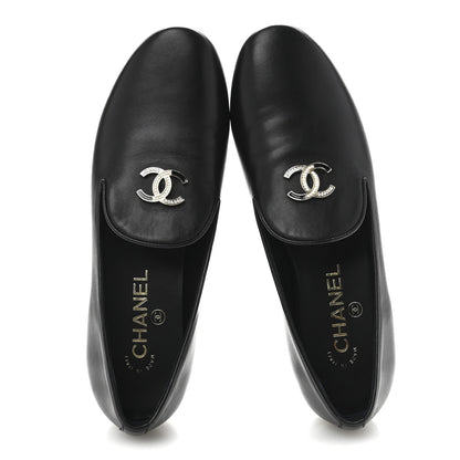 Chanel Enamel Pearl Crystal Lambskin Womens CC Mocassin Loafers 38 Black 2 of 10