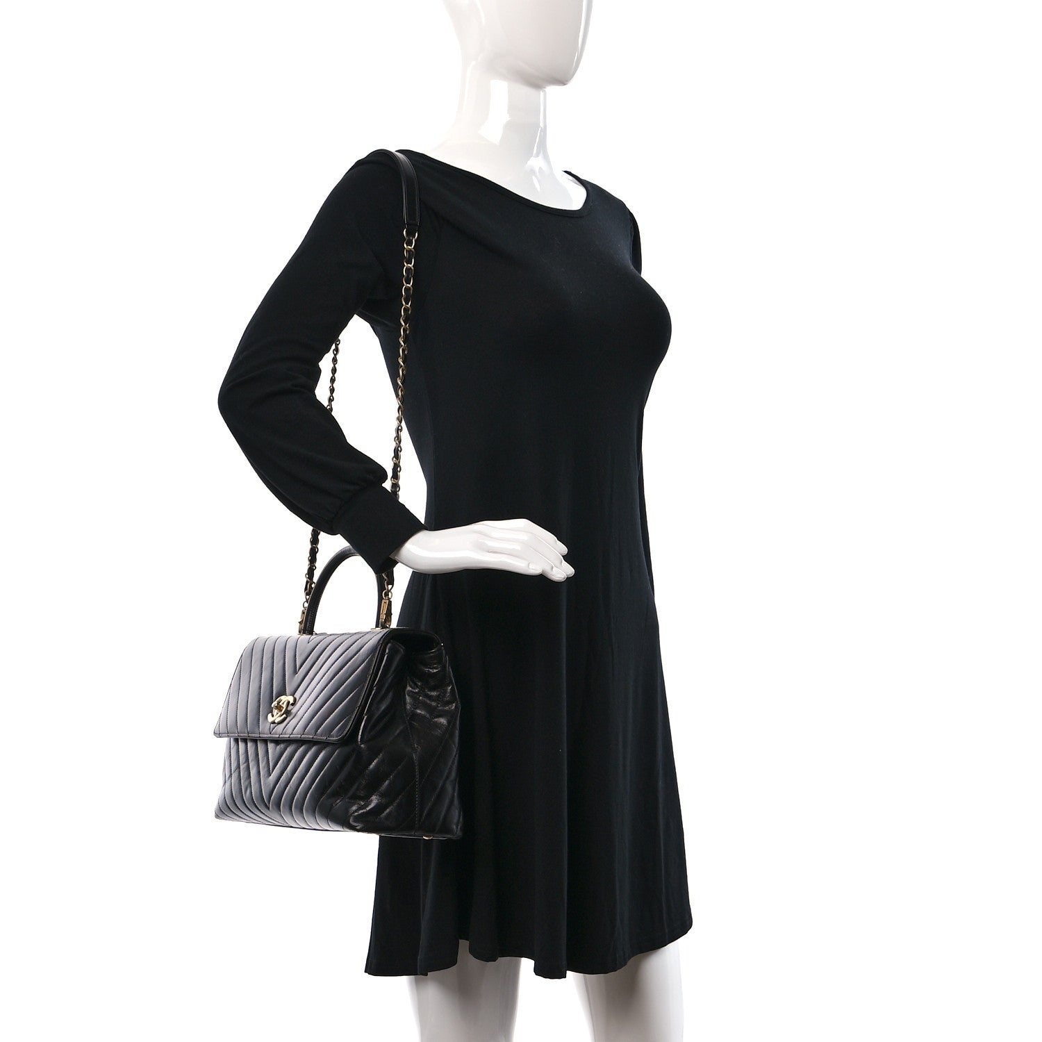 Chanel Aged Calfskin Chevron Quilted Large Coco Handle Flap Black 2 of 9