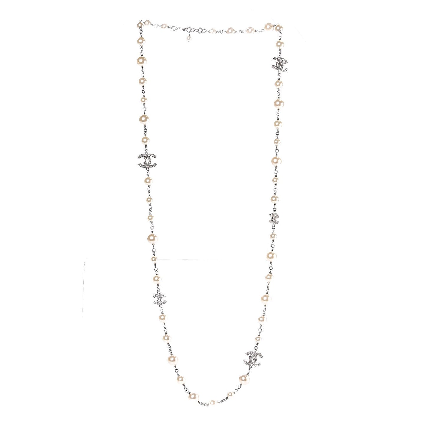Graduated Pearl Crystal CC Long Necklace Silver