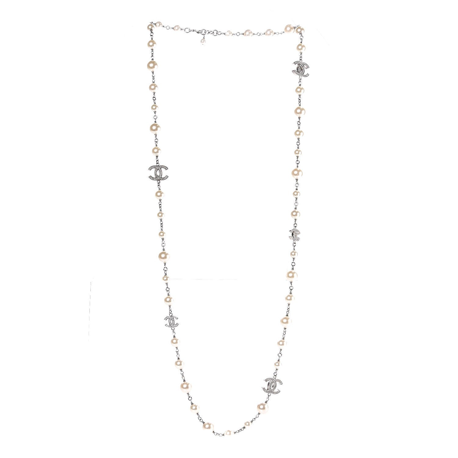 Chanel Graduated Pearl Crystal CC Long Necklace Silver 3 of 5