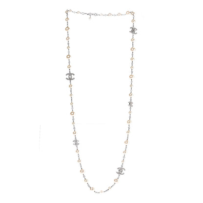 Chanel Graduated Pearl Crystal CC Long Necklace Silver 3 of 5