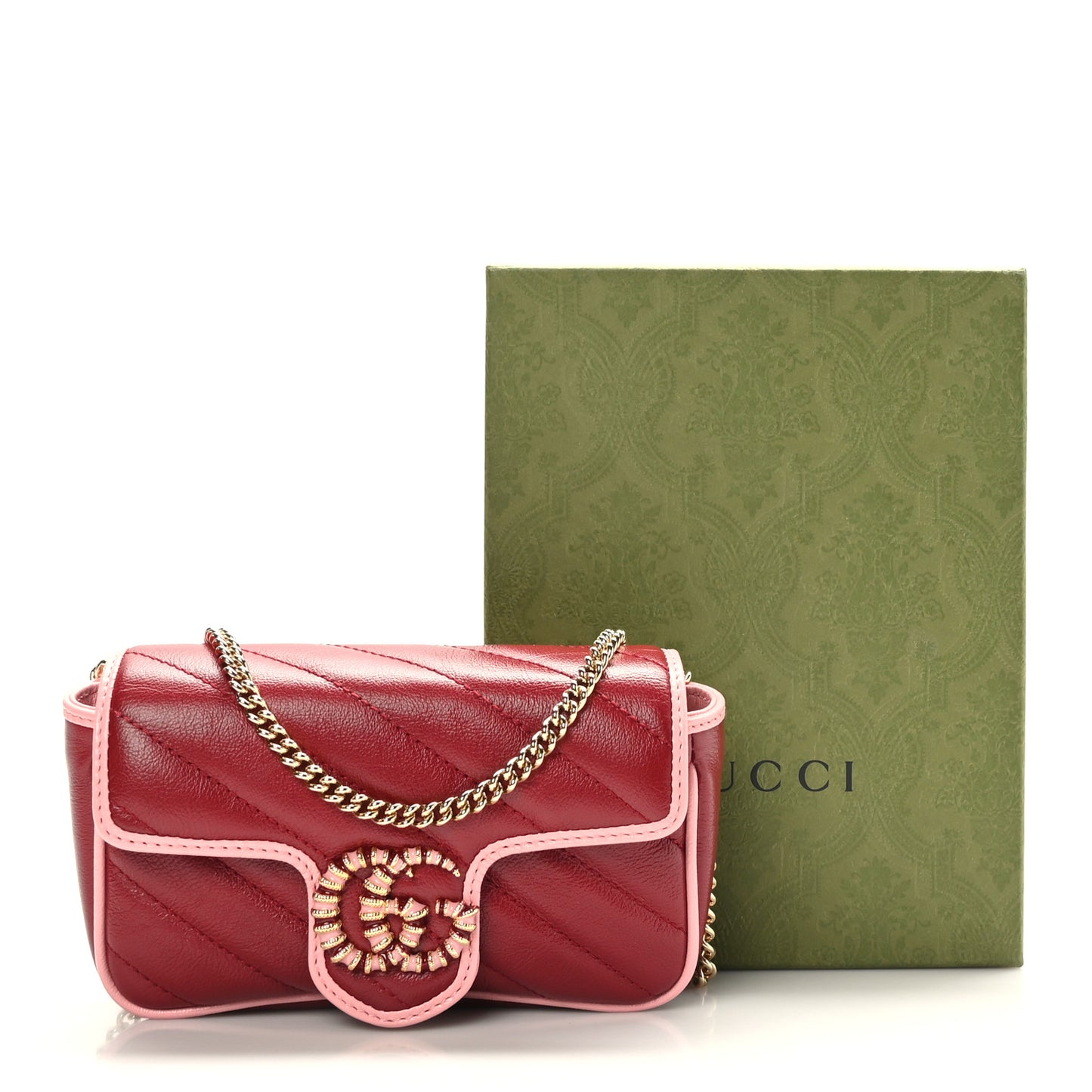 Azalea Calfskin Enamel Matelasse Diagonal Super Mini Torchon GG Marmont Shoulder Bag New Cherry Red Wild Rose