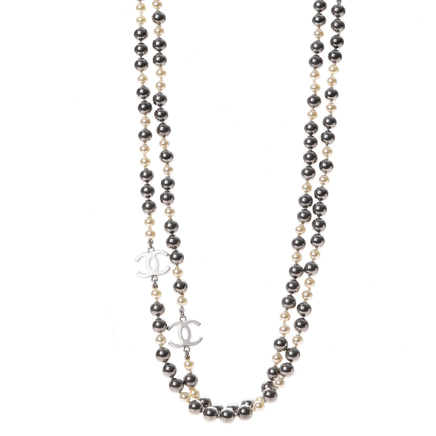 Pearl CC Long Necklace Silver Pearly White Grey