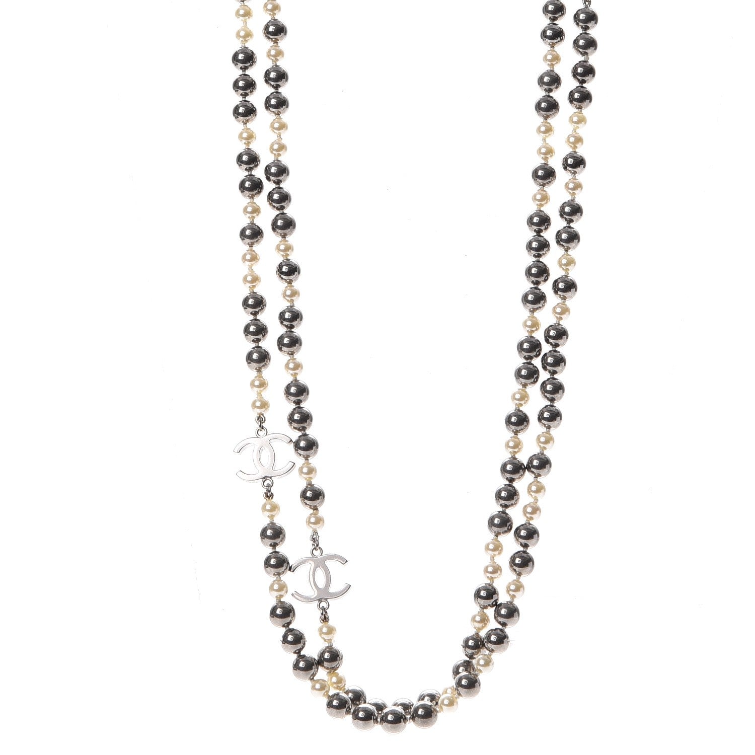 Chanel Pearl CC Long Necklace Silver Pearly White Grey 1 of 6