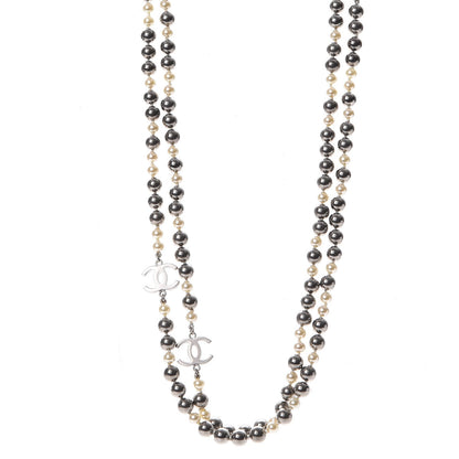 Chanel Pearl CC Long Necklace Silver Pearly White Grey 1 of 6