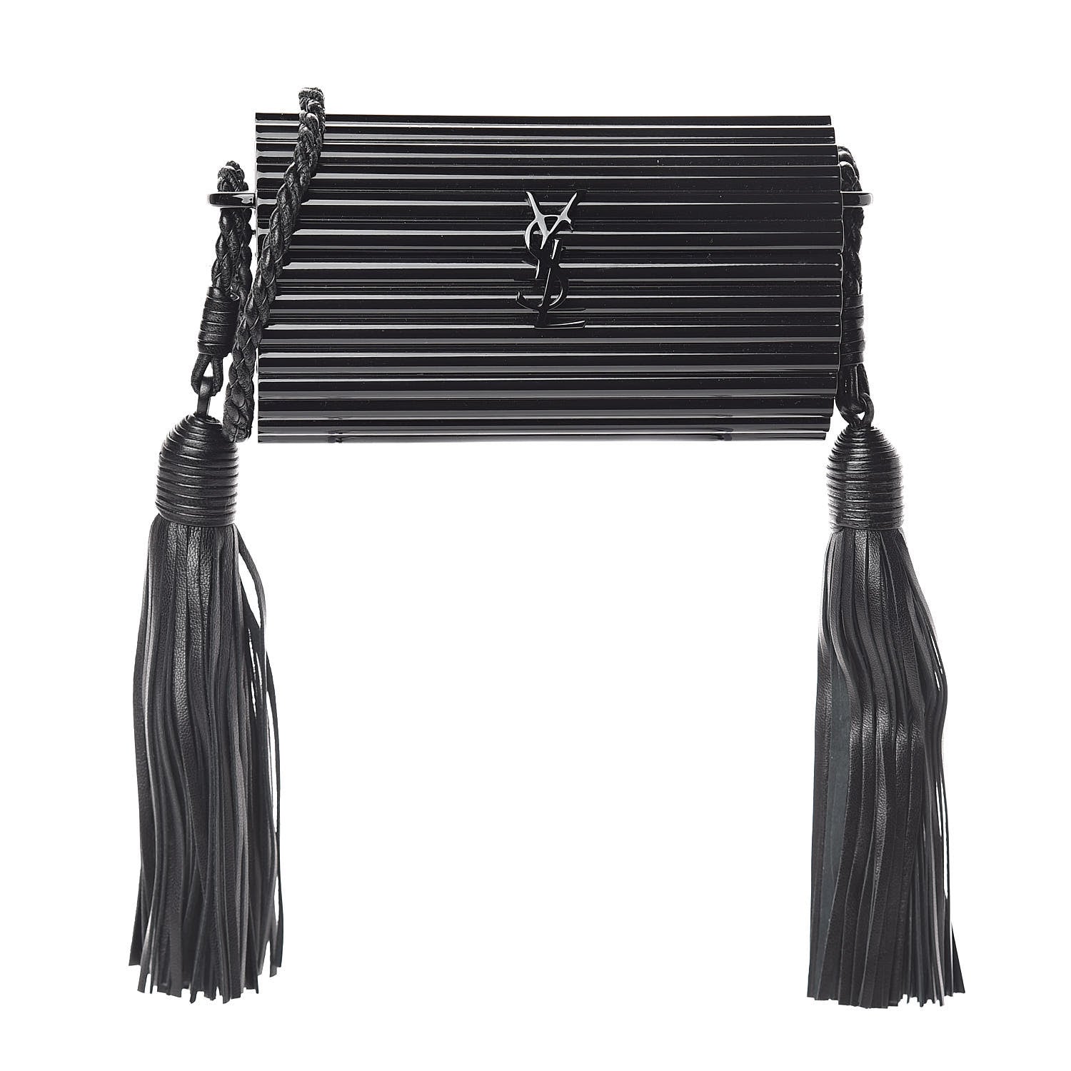 Saint Laurent Ribbed Plexiglass Lambskin Fringe Monogram Opium Box Bag Black 1 of 8