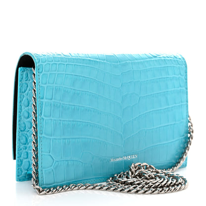 Alexander McQueen Calfskin Crocodile Embossed Skull Mini Crossbody Bag Cerulean 3 of 11