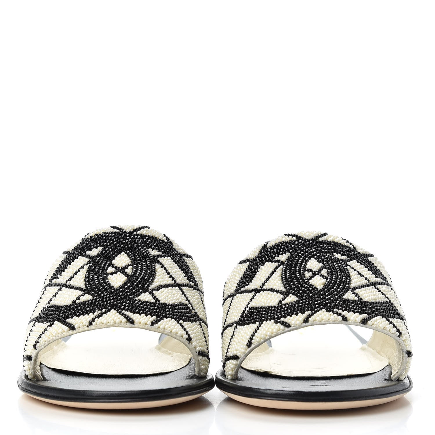 Chanel Pearl Embroidery Flat Sandals 37 White Black 2 of 11