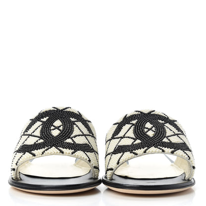 Chanel Pearl Embroidery Flat Sandals 37 White Black 2 of 11