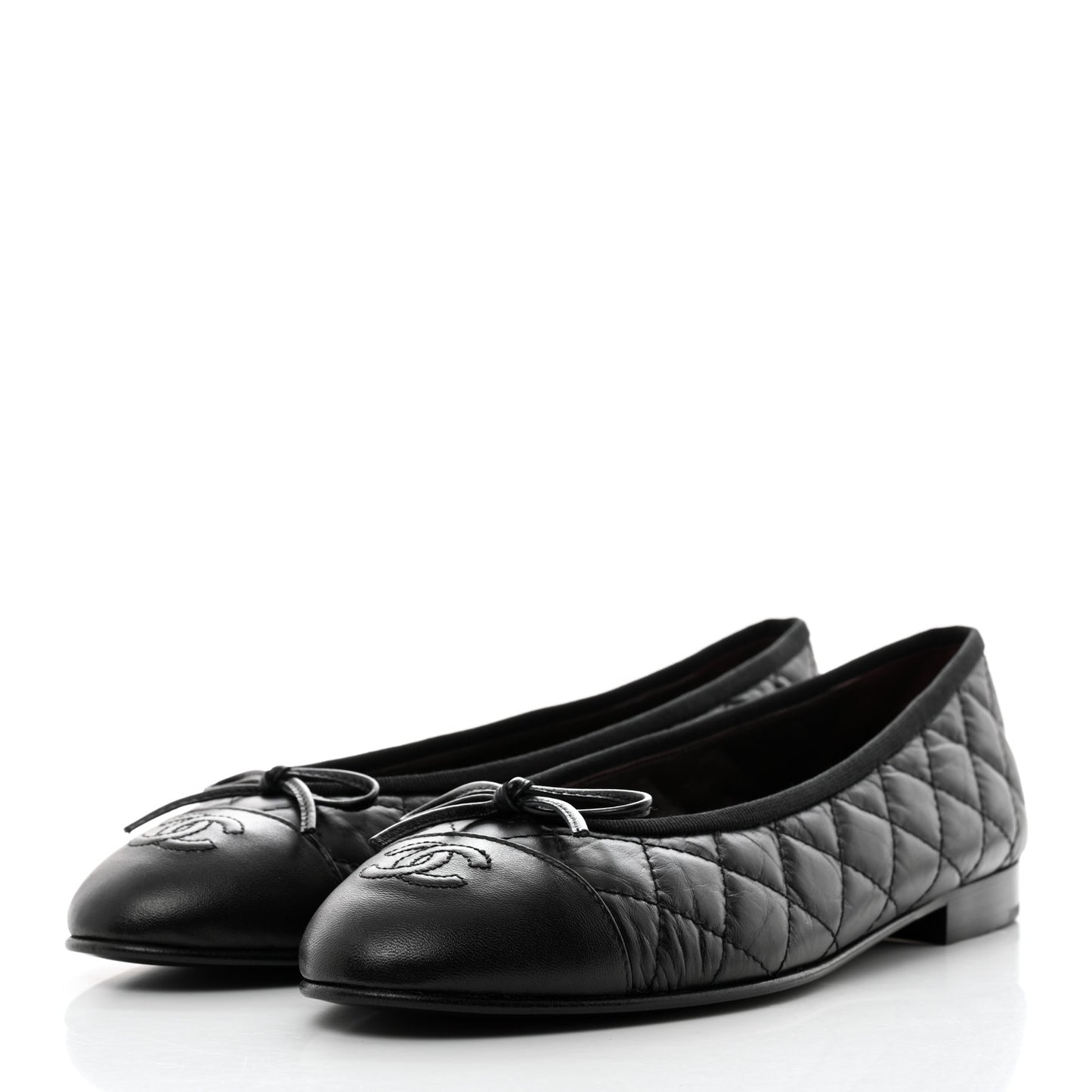 Aged Calfskin Quilted CC Cap Toe Ballerina Flats 38.5 Black