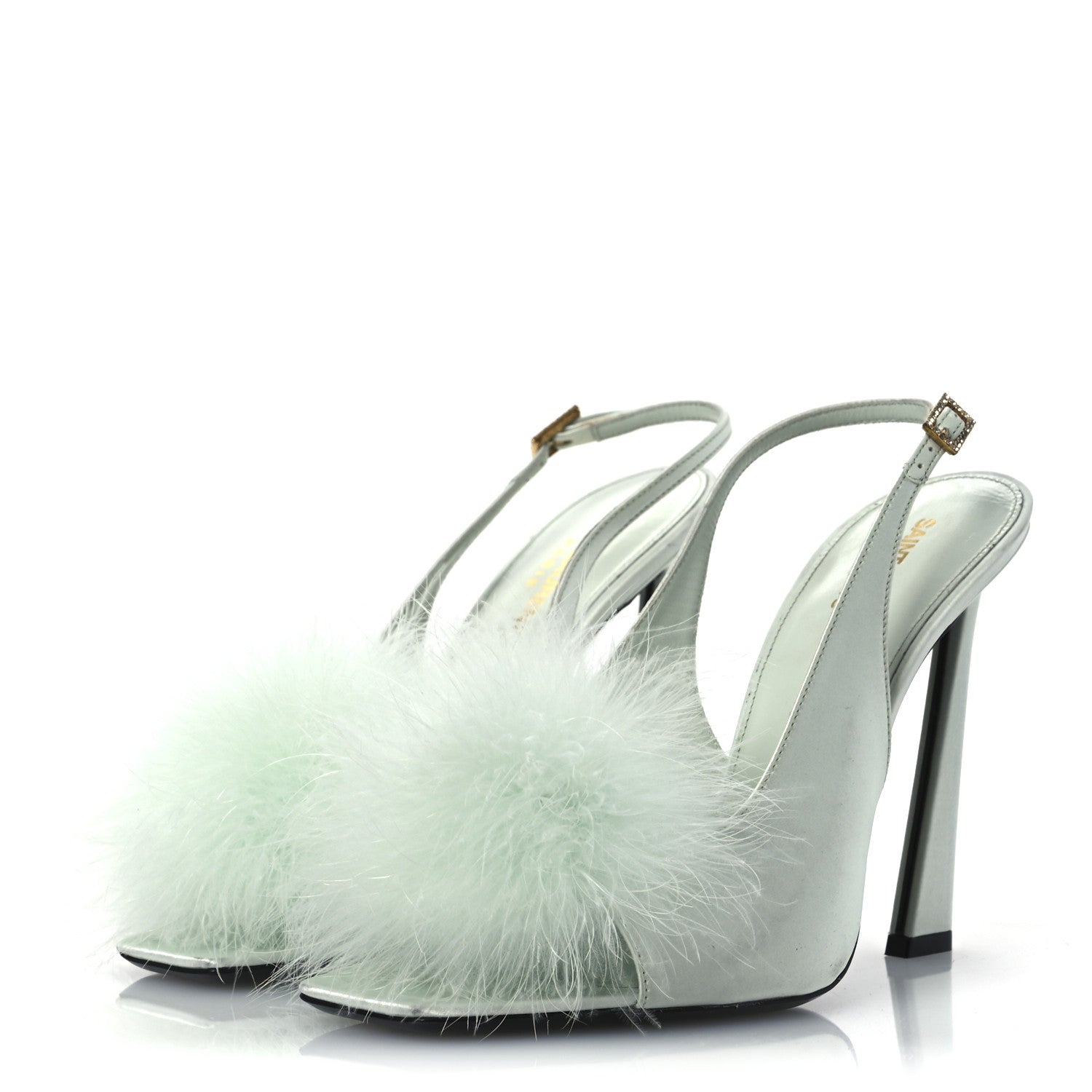 Saint Laurent Crepe Satin Blanco Feathered Sandals 39 Slight Green 4 of 15