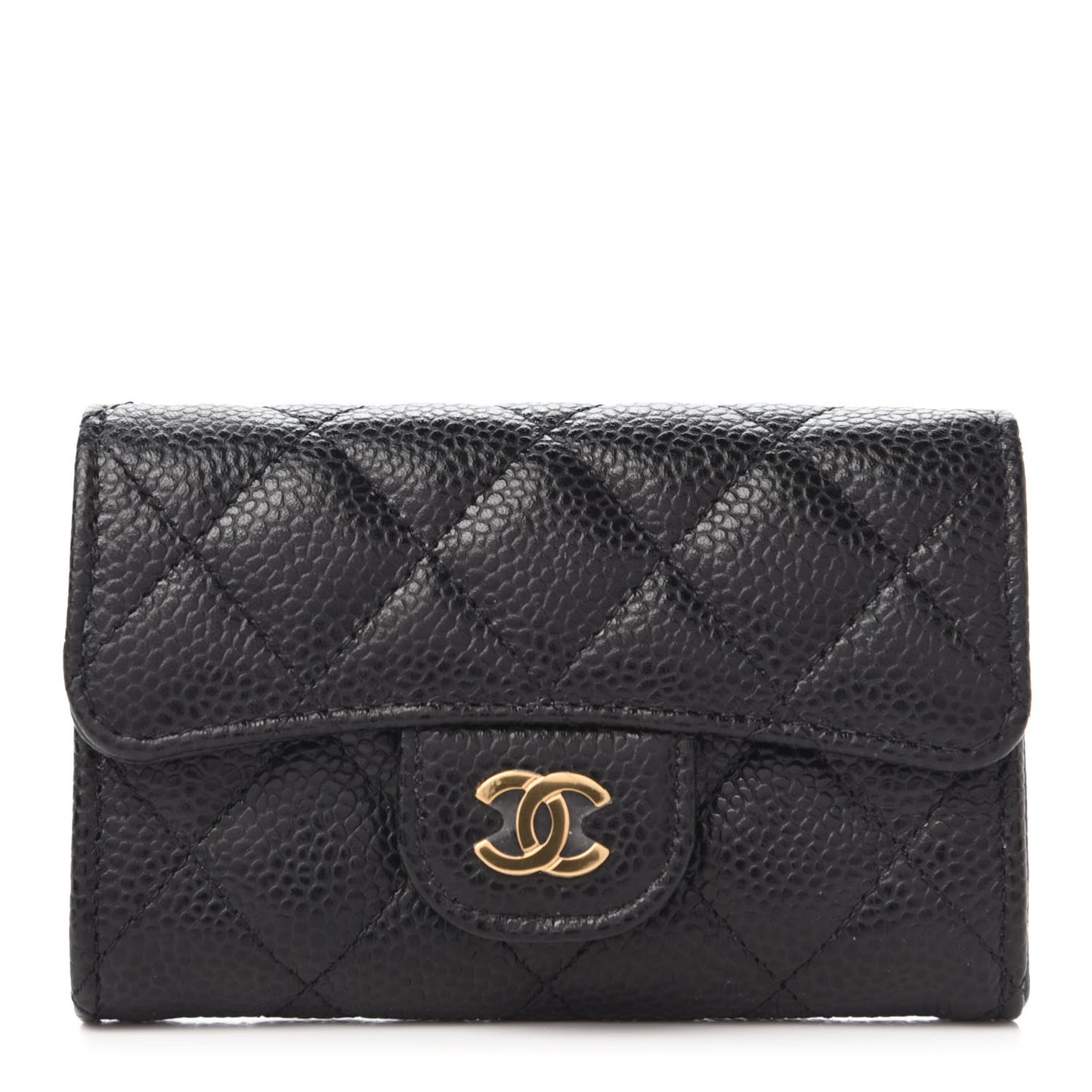 Caviar Quilted Flap Card Holder Wallet Black