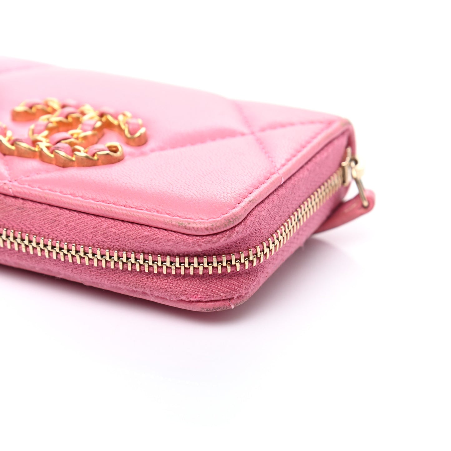 Lambskin Quilted Chanel 19 Zip Around Coin Purse Wallet Pink