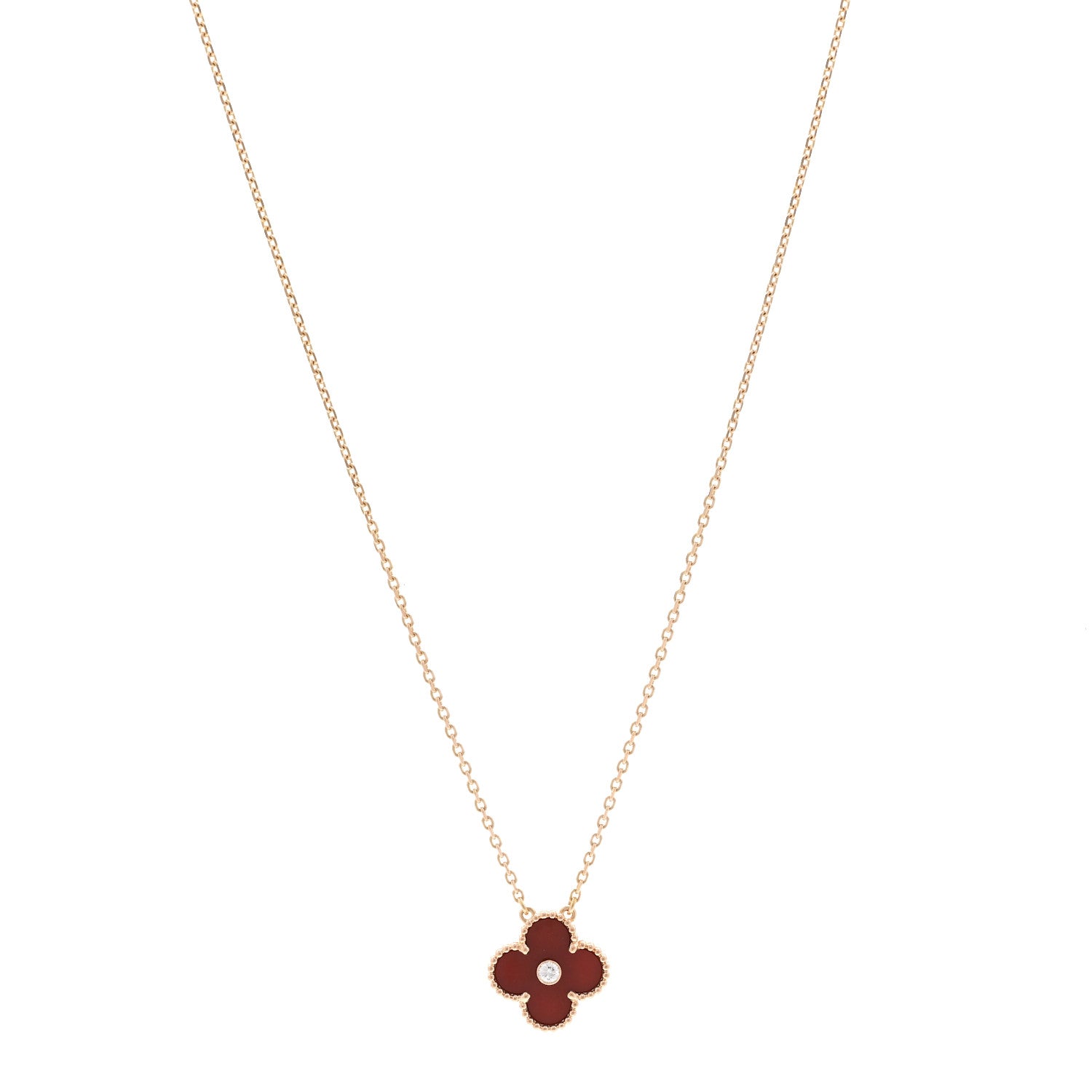 Van Cleef & Arpels 18K Rose Gold Diamond Carnelian Vintage Alhambra Pendant Necklace 1 of 5