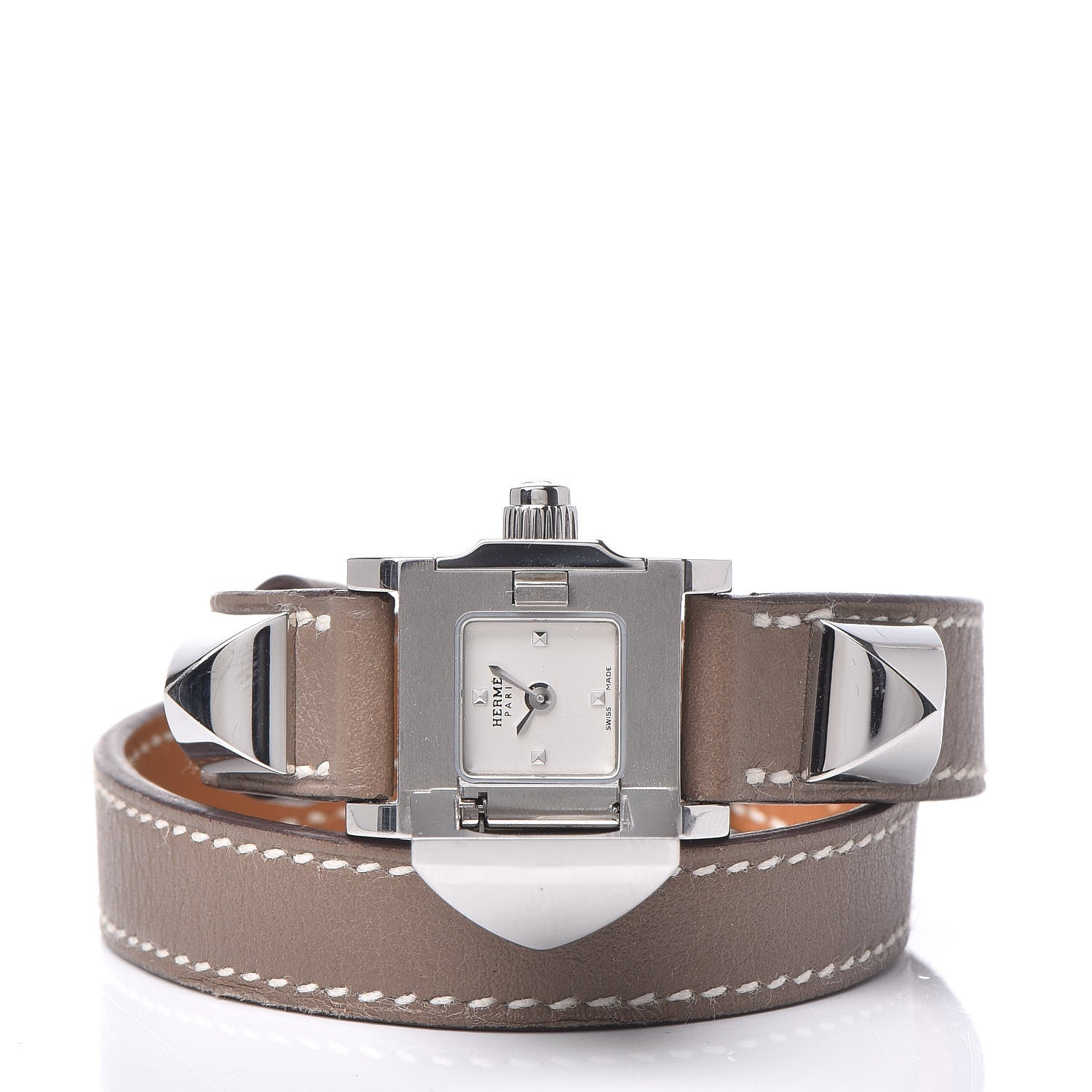 Hermes Stainless Steel Swift 16mm Medor Double Tour Quartz Watch Etoupe 3 of 9