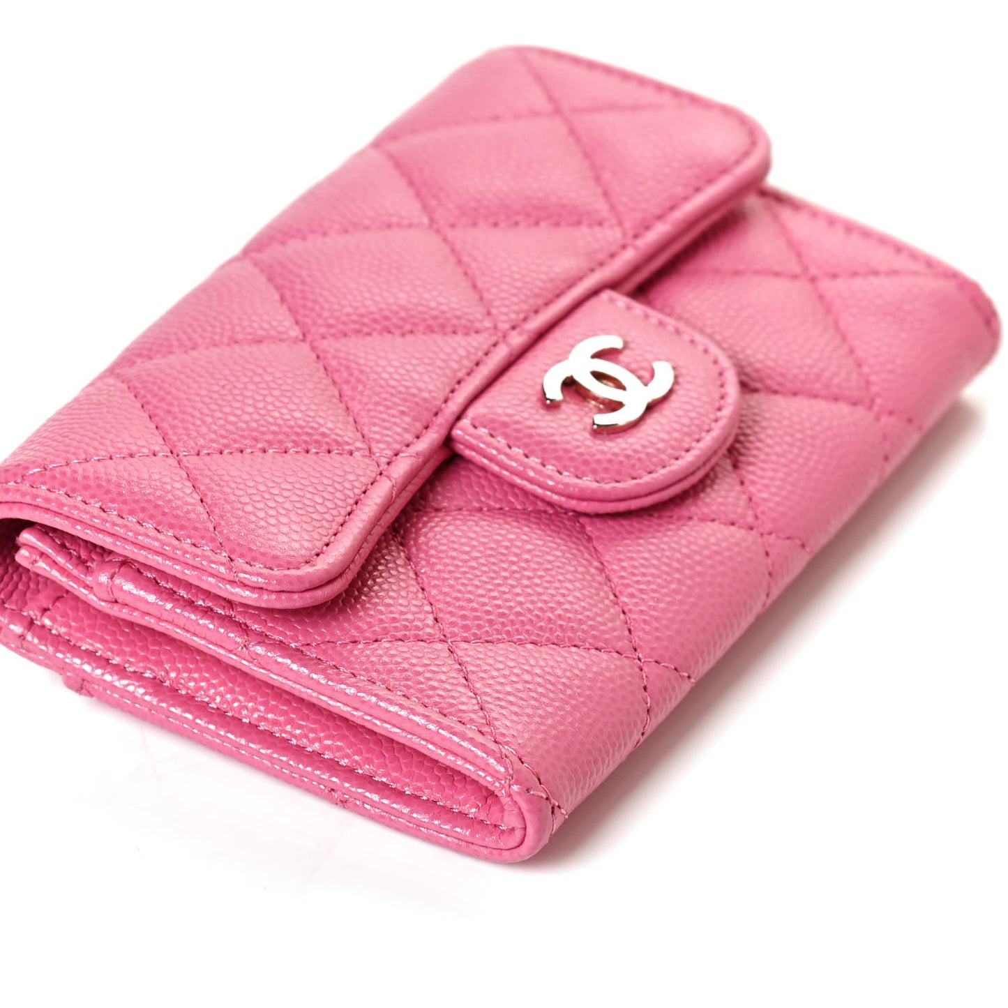 Caviar Quilted Flap Card Holder Wallet Pink