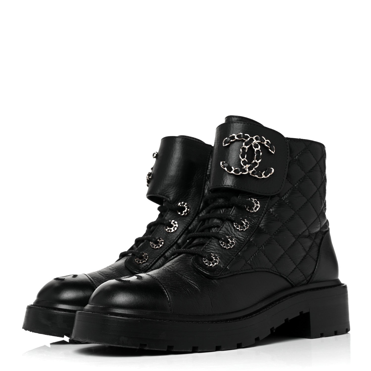 Chanel Shiny Goatskin Calfskin Quilted Lace Up Combat Boots 37 Black 3 of 8