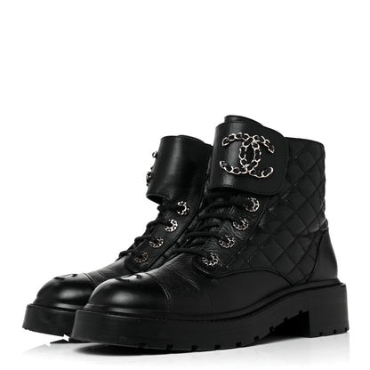 Chanel Shiny Goatskin Calfskin Quilted Lace Up Combat Boots 37 Black 3 of 8