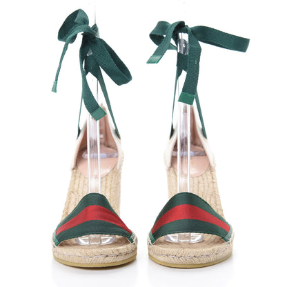 Gucci Canvas Malaga Kid Web Ankle Wrap Espadrille Wedge Sandals 35.5 Green Red Mystic White Emerald 2 of 7