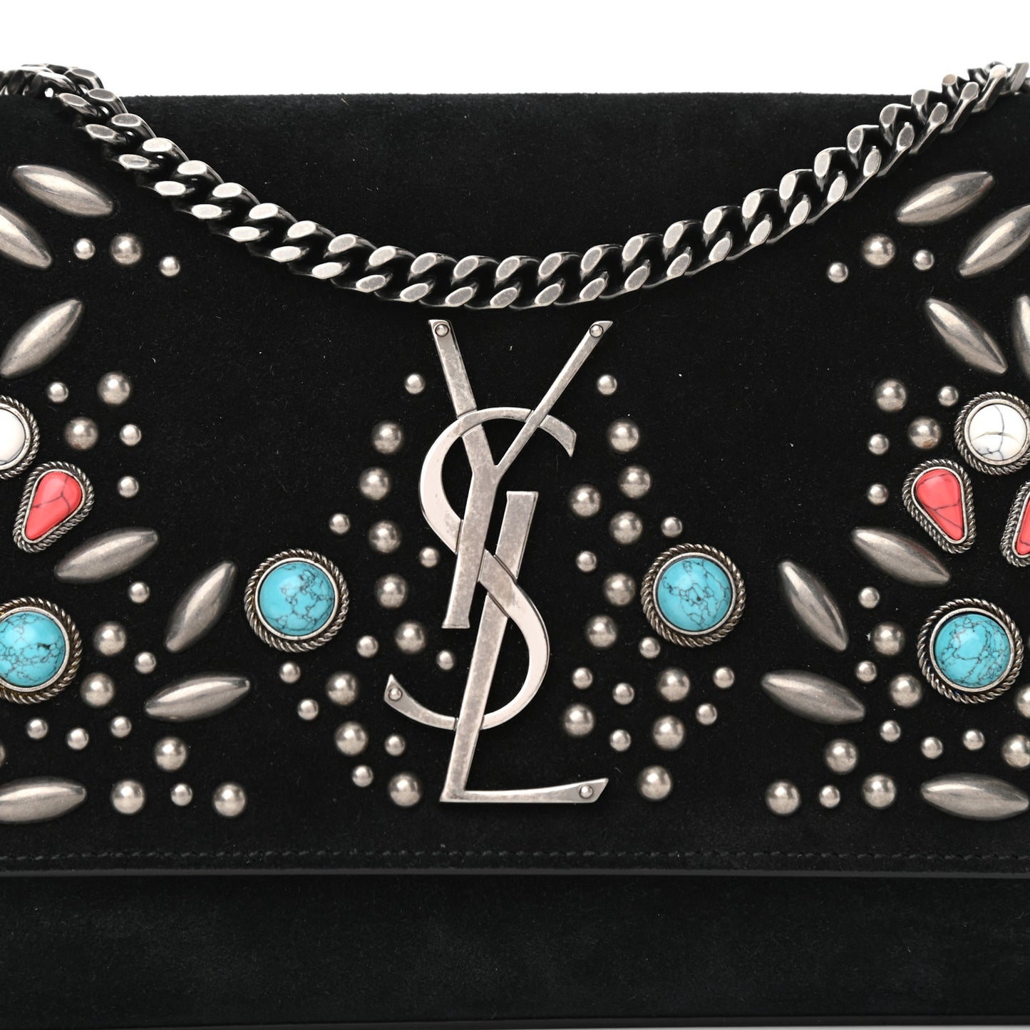 Suede Small Monogram Stone Studded Kate Satchel Black Turquoise Coral