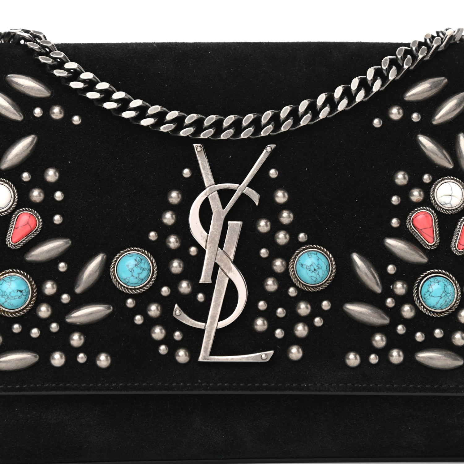 Saint Laurent Suede Small Monogram Stone Studded Kate Satchel Black Turquoise Coral 9 of 11