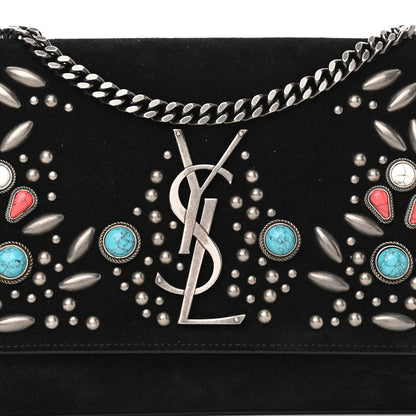 Saint Laurent Suede Small Monogram Stone Studded Kate Satchel Black Turquoise Coral 9 of 11