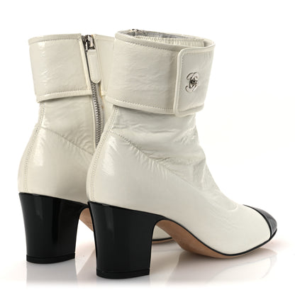 Chanel Crumpled Patent Calfskin Cap Toe CC Turnlock Ankle Short Boots 37.5 Ivory Black 5 of 15