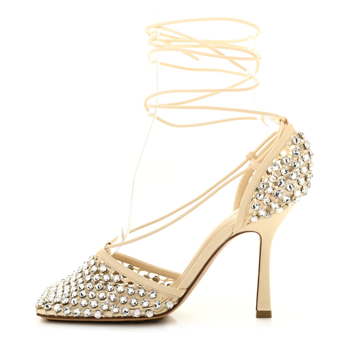 Mesh Nappa Crystal Embellished Sparkle Stretch Ankle Tie Sandals 38 Toile