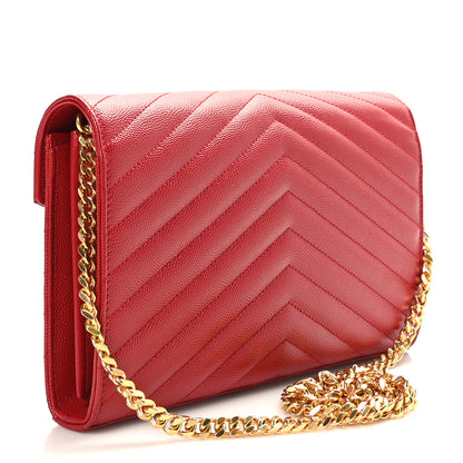 Saint Laurent Grain De Poudre Matelasse Chevron Monogram Chain Wallet Rouge Eros 3 of 9
