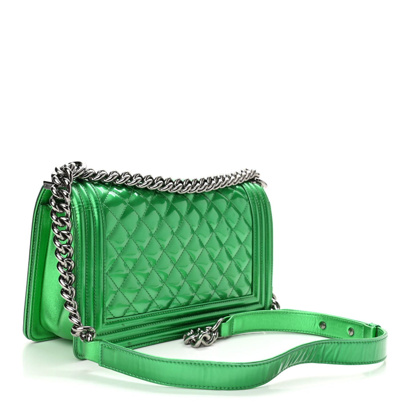 Metallic Patent Calfskin Quilted Medium Boy Flap Green