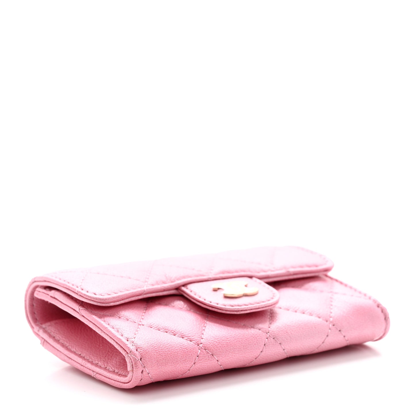 Cloudy Pearly Goatskin Quilted Flap Card Holder Wallet Pink